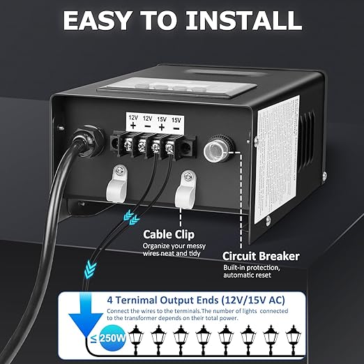 250W Low Voltage Landscape Transformer, 120V AC to 12V/15V(14V) AC Landscape Lighting Transformer with Photocell Sensor & Timer, Weatherproof Outdoor Transformer for Landscape Lighting,Spotlight
