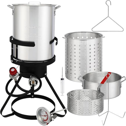 30QT Turkey Fryer & 10QT Fish Fryer, Outdoor Turkey Deep Fryer Pot Set Seafood Boiler Kit,4-Pcs Cooker Set, Gas Fryer Boiler Steamer with 54,000 BTU Burner,Turkey Rack for Backyard & Outdoor Cooking
