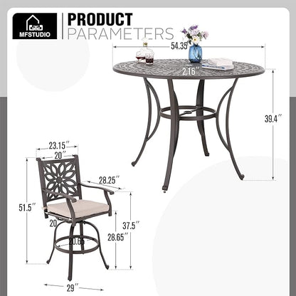 MFSTUDIO Cast Aluminum Bar Height Patio Dining Set of 7, Outdoor Table and Chairs Set with 1×54" Round Aluminum Patio Table and 6×Swivel Outdoor Bar Stool