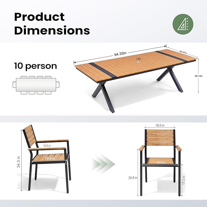Pellebant 11 Piece Patio Table and Chairs Set for 10, Aluminum Outdoor Dining Set with Umbrella Hole, Stackable Dining Chairs & 94" Dining Table, Brown