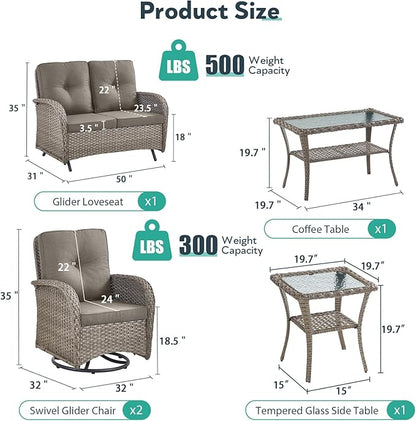5 Piece Patio Furniture Set - Wicker Patio Conversation Set with Swivel Glider, Glider Loveseat, Tempered Glass Side Table and Coffee Table for Deck Backyard - Grey Wicker Grey Cushion