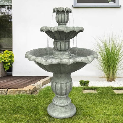 39.3” H Outdoor Floor Water Fountain, 3-Tiers Concrete Water Fountain with Submersible Electric Pump - Garden Cascading Waterfall for Yard Patio Lawn Home Decor