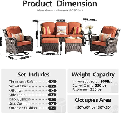 HOOOWOOO Patio Furniture Set,6 Piece Outdoor Furniture Set with Swivel Chairs,Wicker Patio Conversation Couch Chairs Ottoman Set,Orange Red