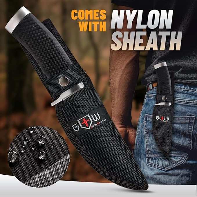 Hunting Knife with Sheath Survival Knives for Men - Best Tactical Camping Hunting Hiking Knife - Bushcraft Field Gear Accessories Tool - Fixed Blade Sharp Knofe with Rubber Handle for Men 148109