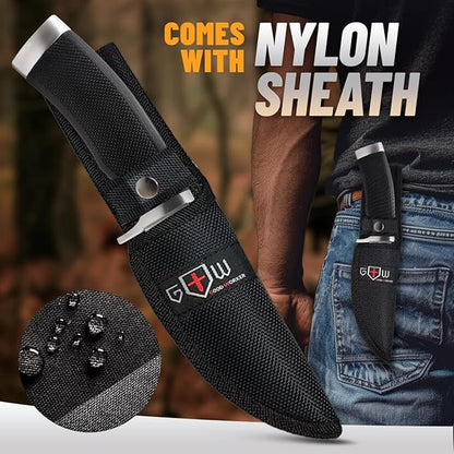 Hunting Knife with Sheath Survival Knives for Men - Best Tactical Camping Hunting Hiking Knife - Bushcraft Field Gear Accessories Tool - Fixed Blade Sharp Knofe with Rubber Handle for Men 148109