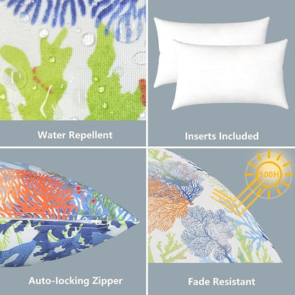 LVTXIII 12×20 Inch Outdoor Lumbar Pillows, Pack of 2 Water Repellent Lumbar Pillow with Inserts, Fluffy Decorative Garden Lumbar Cushions for Home Patio Coach Sofa Use, Coral Multi