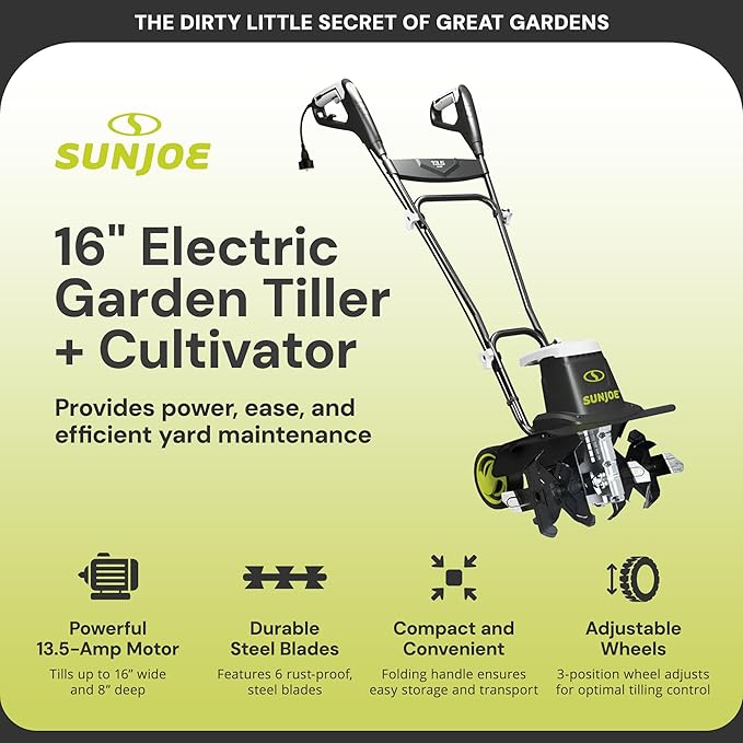 Sun Joe Electric Corded Garden Tiller & Cultivator, Steel Tines, 13.5 Amp, 16 Inch, Black - Heavy Duty Gardening Machine Equipment for Lawn, Yard, & Grass, TJ604E