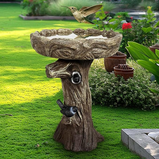 watnature 23” Tall Fibre Reinforced Concrete Birdbaths with Birds for Patio, Woodland Tree Trunk Decorative Outdoor Bird Bath for Garden，Pedestal Birdbaths for Outdoors, Garden, Patio, Lawn, Backyard