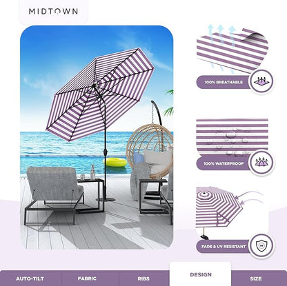 Midtown Umbrellas 10-Year-No-Fade - 8 Ft - UV Proof Purple/White Stripes Fabric - Umbrella Outdoor Patio, Auto-Tilt Aluminum Frame Patio Umbrella for Garden, Pool & Deck - Black Pole