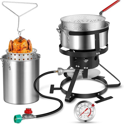 Turkey Fryer with Boiler Steamer Set Basket & 55000BTU Propane Burner, Outdoor Deep Fryer & Seafood Crawfish Boil Pot with Thermometer, Marinade Injector, Turkey Rack & Rack Lifter-OT-3020