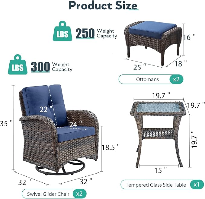 Outdoor Swivel Glider Rocker Chairs Set- 5 Piece Patio Furniture Set, Patio Bistro Sets with Tempered Glass Side Table and 2 Ottoman, for Balcony, Porch - Brown Wicker, Blue Cushion