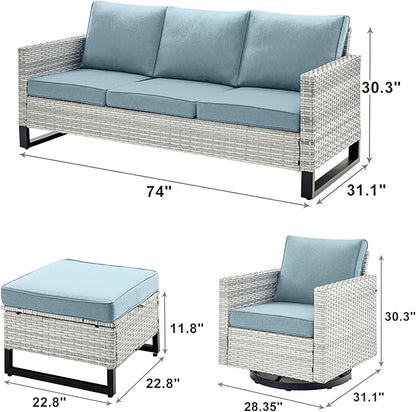 Rilyson Wicker Outdoor Patio Furniture Set - 5 Piece Patio Conversation Set with 2 Swivel Rocker Chairs,2 Rattan Ottoman and 1 Couch for Outside Porch Deck Backyard Garden(Light Grey/Sky Blue)