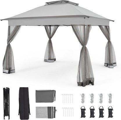 Bezseller 11x11 Pop Up Gazebo Tent with Mosquito Netting – Quick Set Up, Water-Resistant Outdoor Canopy for Patio, Garden, Backyard, and More,Light Grey