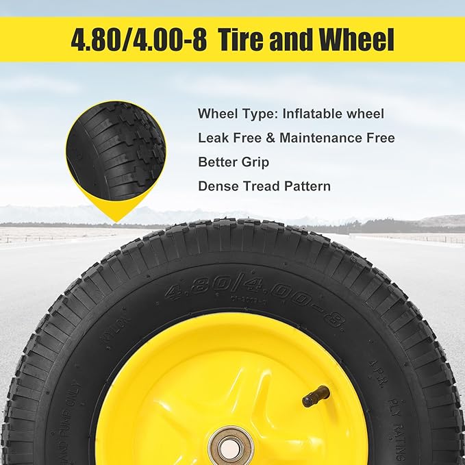4.80/4.00-8 Tire & Wheel, Set of 2 Heavy Duty Pneumatic Rubber Wheels, 16 in Wheelbarrow Tires with 5/8" Bearings, Compatible with Hand Truck, Wagon, Dolly, Garden Cart, Dump Cart