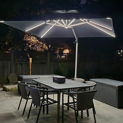 PURPLE LEAF 10 Feet Double Top Deluxe Solar Powered LED Square Patio Umbrella Offset Hanging Umbrella Outdoor Market Umbrella Garden Umbrella, Grey