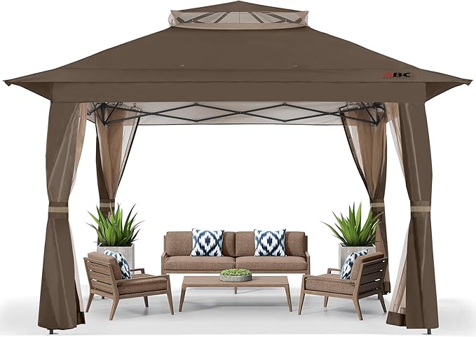 ABCCANOPY 13x13 Pop Up Gazebo, Outdoor Canopy Tent, Instant Screened Shelter with Mosquito Netting for Patio, Garden, Backyard, Party, Camping (Brown)