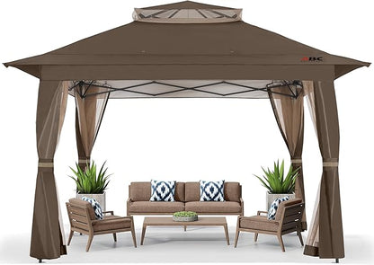 ABCCANOPY 13x13 Pop Up Gazebo, Outdoor Canopy Tent, Instant Screened Shelter with Mosquito Netting for Patio, Garden, Backyard, Party, Camping (Brown)