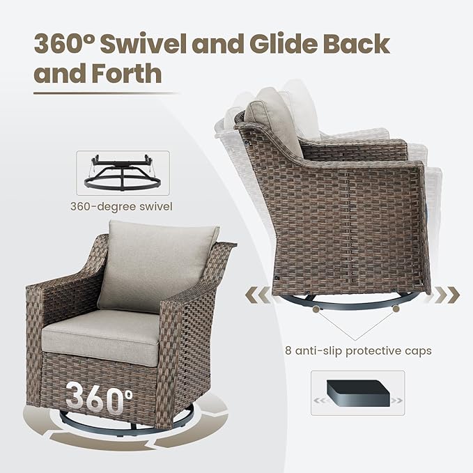 Outdoor Patio Wicker Swivel Chairs - Set of 4 Outside Rattan Rocker Glider Chair Rocking Armchairs for Front Porch Balcony Backyard Yard Deck Poolside Apartment – Brown/Beige