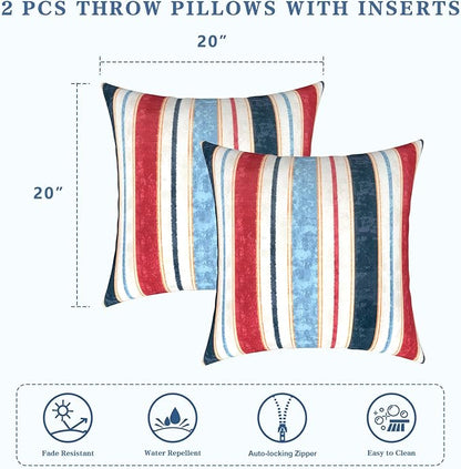 LVTXIII Outdoor Throw Pillows, Decorative Throw Pillows with Inserts, 20"x20" Square Pillows for Bed, Couch, Sofa and Patio Furniture, Set of 2, Stripe Red Blue