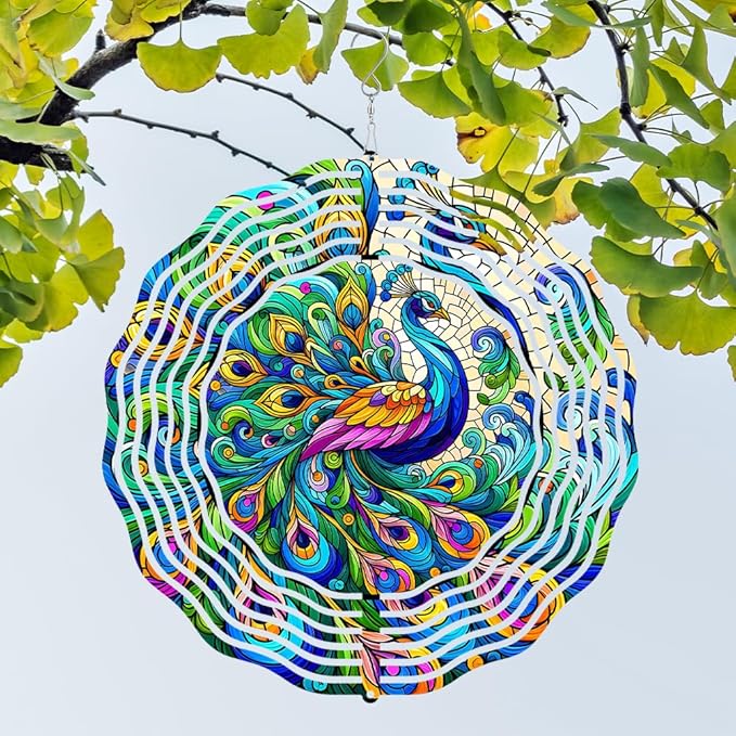 Peacock Wind Spinner 3D Stainless Steel Kinetic Sculpture Metal Art Christmas 10 Inch Colorful Hanging Decoration for Garden, Patio, Yard, and Indoor/Outdoor Spaces