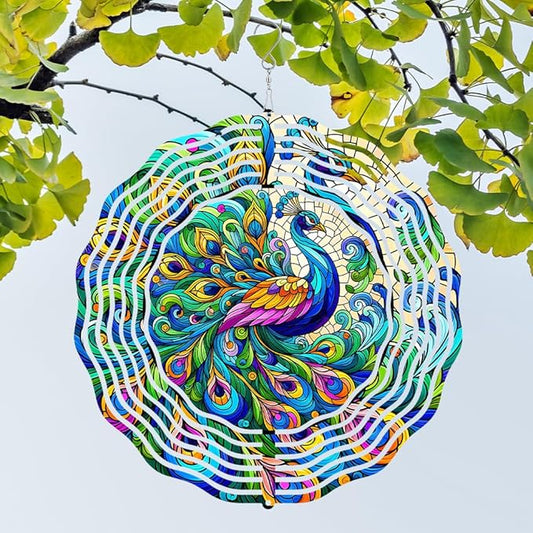 Peacock Wind Spinner 3D Stainless Steel Kinetic Sculpture Metal Art Christmas 10 Inch Colorful Hanging Decoration for Garden, Patio, Yard, and Indoor/Outdoor Spaces