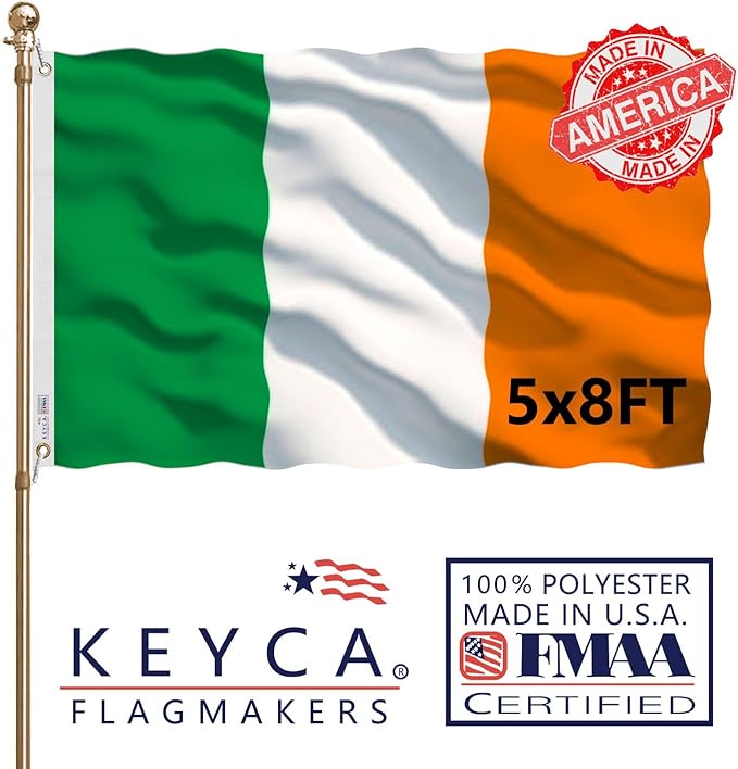 Ireland Flag 5x8 FT 100% Made in The USA-Heavy Duty Vibrant Colours Double Sided Irish National Flag with 3 Brass Grommets for Home/Company/Indoor Outdoor Decoration