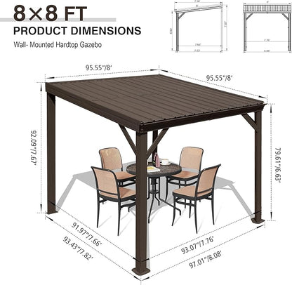 Domi 8'x8' Lean to Gazebo Hardtop, Expandable Wall Mounted Pergola with Gutters & Galvanized Steel Roof, 60MPH Wind Resistance, Outdoor Metal Heavy Duty Metal Awning for Patio, Deck, Backyard - Brown