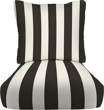 RSH DECOR: Deep Seating Cushion with Pillow Back | 25” x 25” Seat | Water and Fade-Resistant Spun Fabric | Outdoor Chair Cushion Set for Patio Furniture | Black & White Stripe