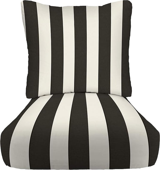 RSH DECOR: Deep Seating Cushion with Pillow Back | 25” x 25” Seat | Water and Fade-Resistant Spun Fabric | Outdoor Chair Cushion Set for Patio Furniture | Black & White Stripe