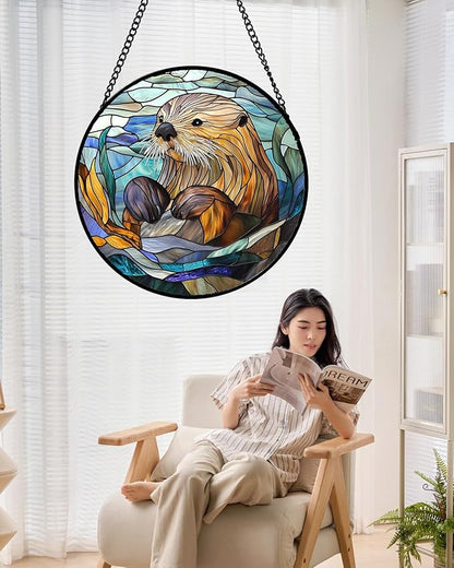 Stained Glass Suncatcher, Blue Ocean Cute Sea Otter Sun Catcher Stain Glass Window Hanging Decoration Mother's Day Birthday Gifts for Women Men Mom Nana 15 in