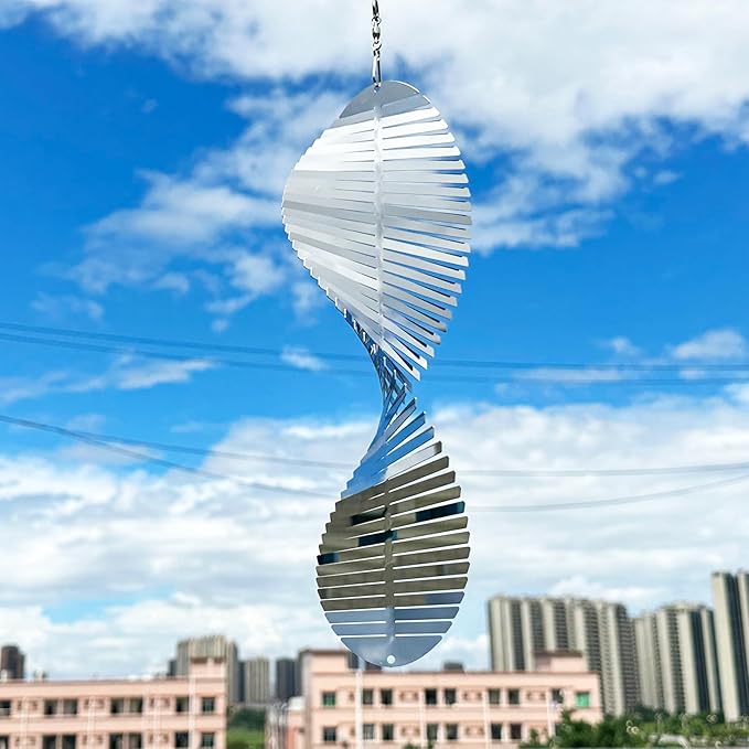 Hanging Wind Spinners,3D Spiral Highly Reflective Stainless Steel Metal Wind Spinner Outdoor Garden Decor,Decorations to Scare Away Yard Birds 13.8in