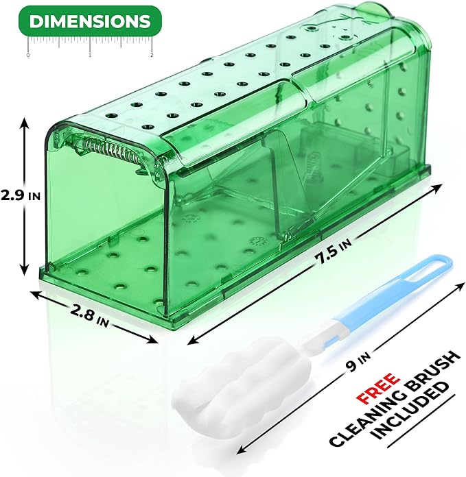 Humane Mouse Trap Pack of 4 - No Kill - Live Mouse Traps Indoor for Home Use - Reusable Rodent Traps for House Indoor, Safe & Effective Rat Trap Outdoor - Humane Mice Control with Cleaning Brush