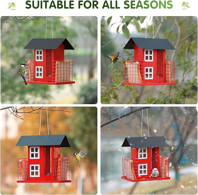 Metal Bird Feeders for Outdoors Hanging with 2 Suet Cage Cake Squirrel Proof Hanging Suet Feeder Large Capacity Wild Bird Feeder Easy Clean&Anti-Rust Attracting Birdhouse Red