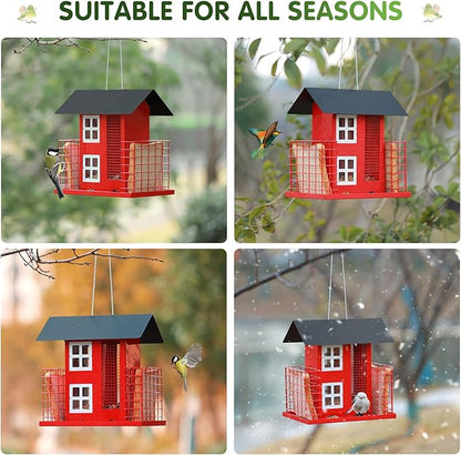 Metal Bird Feeders for Outdoors Hanging with 2 Suet Cage Cake Squirrel Proof Hanging Suet Feeder Large Capacity Wild Bird Feeder Easy Clean&Anti-Rust Attracting Birdhouse Red