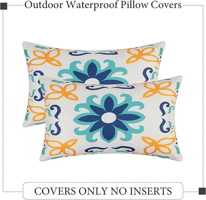 Outdoor Waterproof Throw Pillow Covers Set of 4 Floral Printed and Boho Farmhouse Outdoor Pillow Covers for Patio Funiture Garden 12x20 Inch Blue
