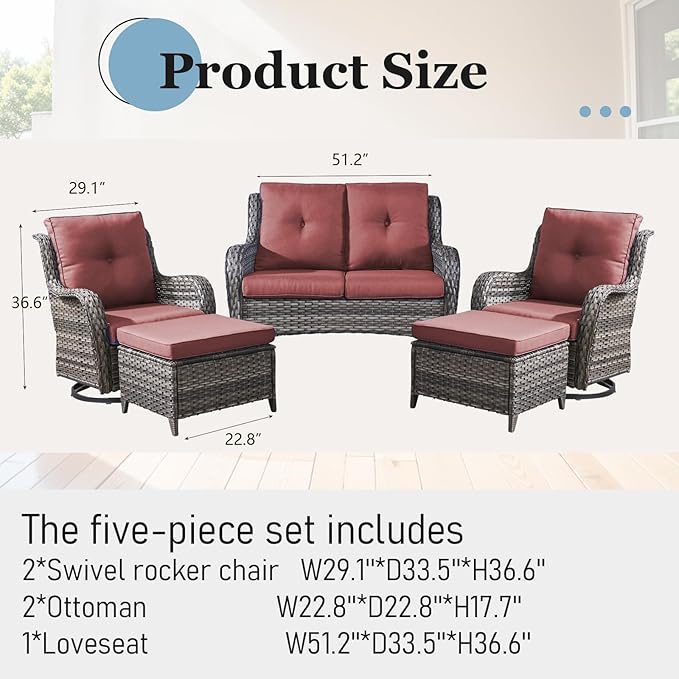 Patio Furniture Set with Swivel Chairs, 5 Pieces Outdoor Wicker Furniture Set with Patio Swivel Rocker Chairs for Patio, Yard, Deck, Porch, Poolside