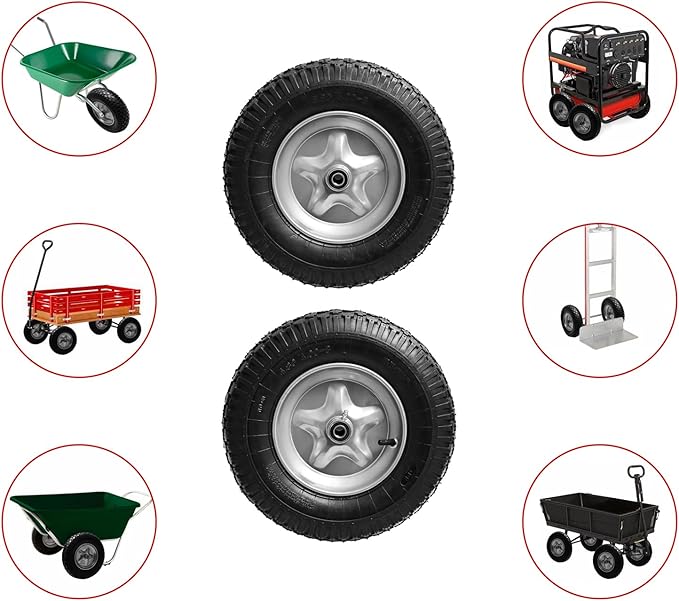 4.80/4.00-8" Tire, 16" Pneumatic Wheelbarrow Tire and Wheel with 5/8" Bearings (Extra 3/4") and 3" Centered Hub for Wheelbarrow/Garden Carts/Hand Truck/Yard Wagon Dump Cart (2-Pack)