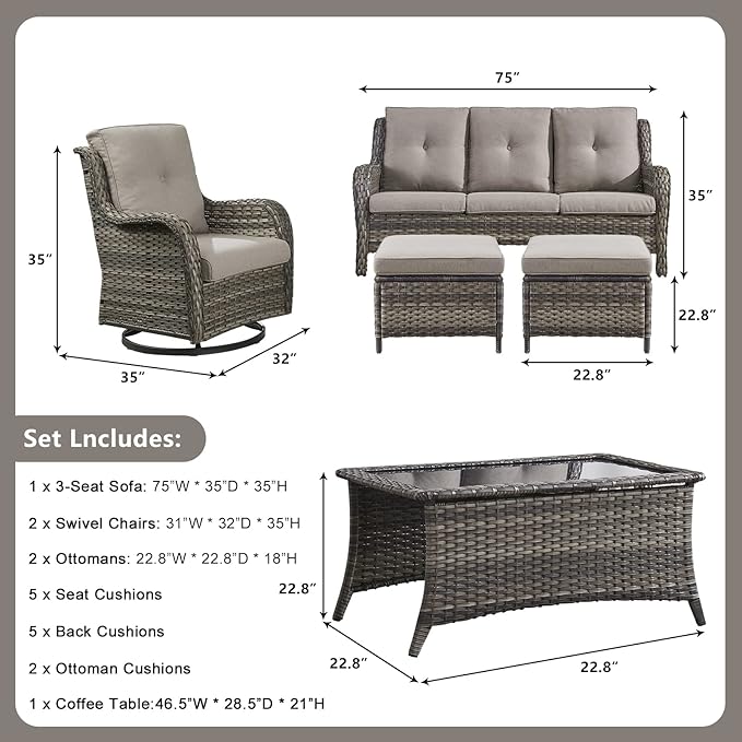 Rilyson 6 Piece Outdoor Patio Furniture Set - Rattan Wicker Patio Conversation Sets with 2 Swivel Rocker Chairs,2 Ottomans,1 Sofa and 1 Coffee Table for Outside Porch Deck Yard(Mixed Grey/Grey)