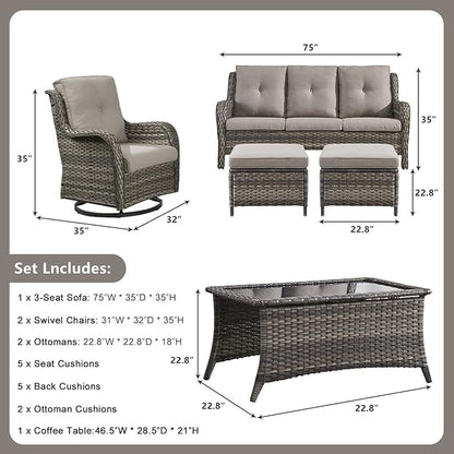 Rilyson 6 Piece Outdoor Patio Furniture Set - Rattan Wicker Patio Conversation Sets with 2 Swivel Rocker Chairs,2 Ottomans,1 Sofa and 1 Coffee Table for Outside Porch Deck Yard(Mixed Grey/Grey)