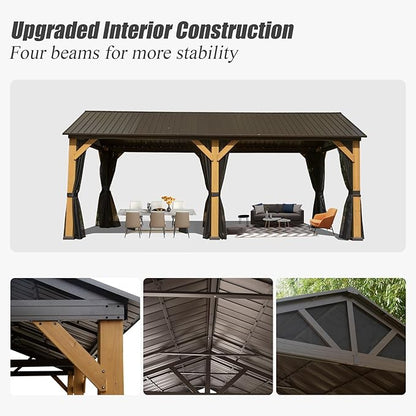 Domi Cedar Wood Gazebo 12’x20’ Hardtop Gazebo with Galvanized Steel Gable Roof, Outdoor Gazebos for Patio, Permanent Pergola for Deck, Backyard