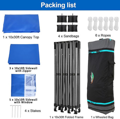 COBIZI 10x30 Pop up Canopy Tent 10x30 Canopy with Sidewall Waterproof Heavy Duty Commercial for Parties Outdoor Garden Gazebo Tent, Carry Bag with Wheel(10x30ft with Sidewalls,Blue)