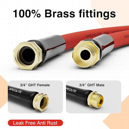 SPECILITE 3/4" Hot/Cold Short Leader Garden Water Hose 15 ft, -50℉-190℉, Flexible & Lightweight Rubber Pipes With 3/4" Brass Fittings for Yard, Outdoor, Farm, Red