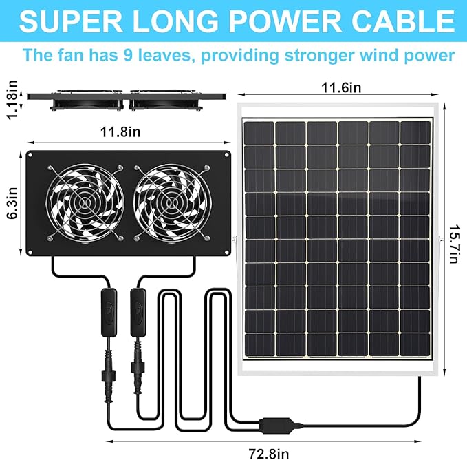 25W Solar Powered Exhaust Fan, Ultra Durable Dual Mental Shell Ventilation for Chicken Coops, Pet Sheds, Dog Houses and Greenhouses - High Speed Airflow, Energy Saving, Waterproof Plug & Play