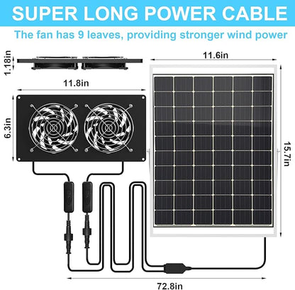 25W Solar Powered Dual Metal Shell Fan Kit, IPX7 Waterproof Monocrystalline Solar Panel Intake Exhaust Fans for Chicken Coops, Greenhouses, Sheds, Dog Houses, and Windows Ventilation and Plug & Play