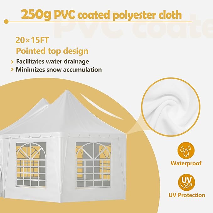 20x15 FT Heavy Duty Party Tent, White Outdoor Canopy with 7 Windows & 1 Door, Waterproof UV Protection Wedding Event Tent for Parties, Picnics, and Commercial Use