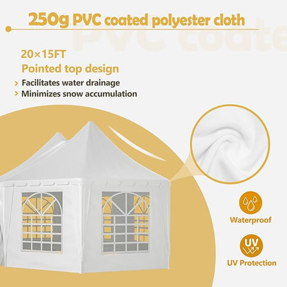 20x15 FT Heavy Duty Party Tent, White Outdoor Canopy with 7 Windows & 1 Door, Waterproof UV Protection Wedding Event Tent for Parties, Picnics, and Commercial Use