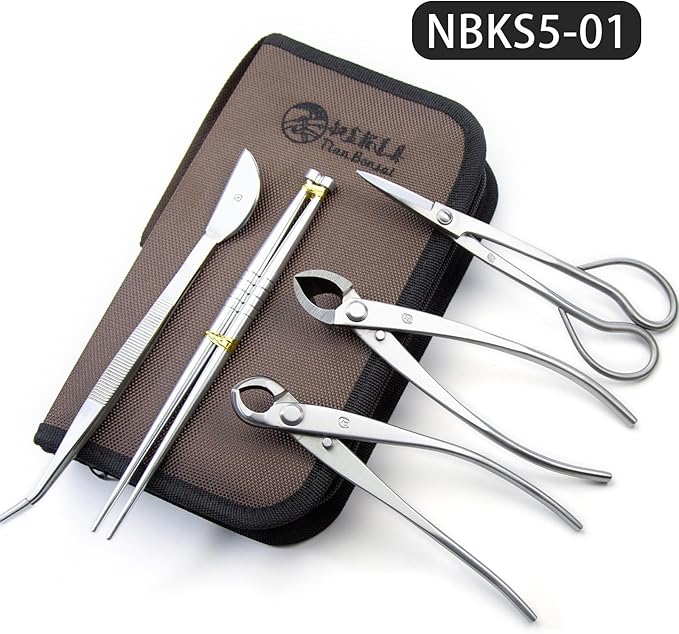 Small Size TianBonsai Bonsai Tools 5-Piece Alloy Steel Bonsai tool Kit In Cluding 180mm Long Handle Scissors / 180mm Branch Cutter / 180mm Knob Cutter / 200mm Straight Root Hook/Tweezers (NBKS5-01)