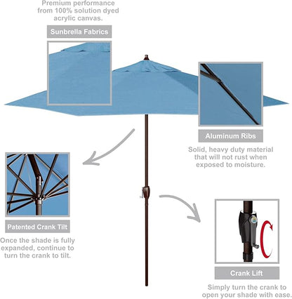California Umbrella 9' Rd Sunbrella Aluminum Patio Umbrella, Crank Lift, Auto Tilt, Bronze Pole, Canvas Cyan Fabric