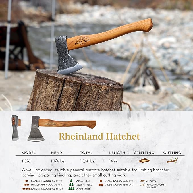 1844 Helko Werk Germany Traditional Rheinland Hatchet - Made in Germany Camping Hatchet and Bushcraft, Backpacking Handmade German Hatchet - Head 1.25 lbs, Handle 14 in. (Rheinland Hatchet) #11326