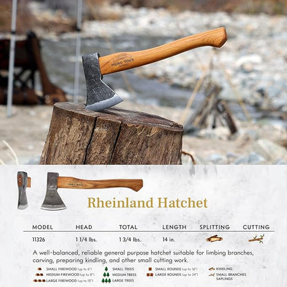 1844 Helko Werk Germany Traditional Rheinland Hatchet - Made in Germany Camping Hatchet and Bushcraft, Backpacking Handmade German Hatchet - Head 1.25 lbs, Handle 14 in. (Rheinland Hatchet) #11326